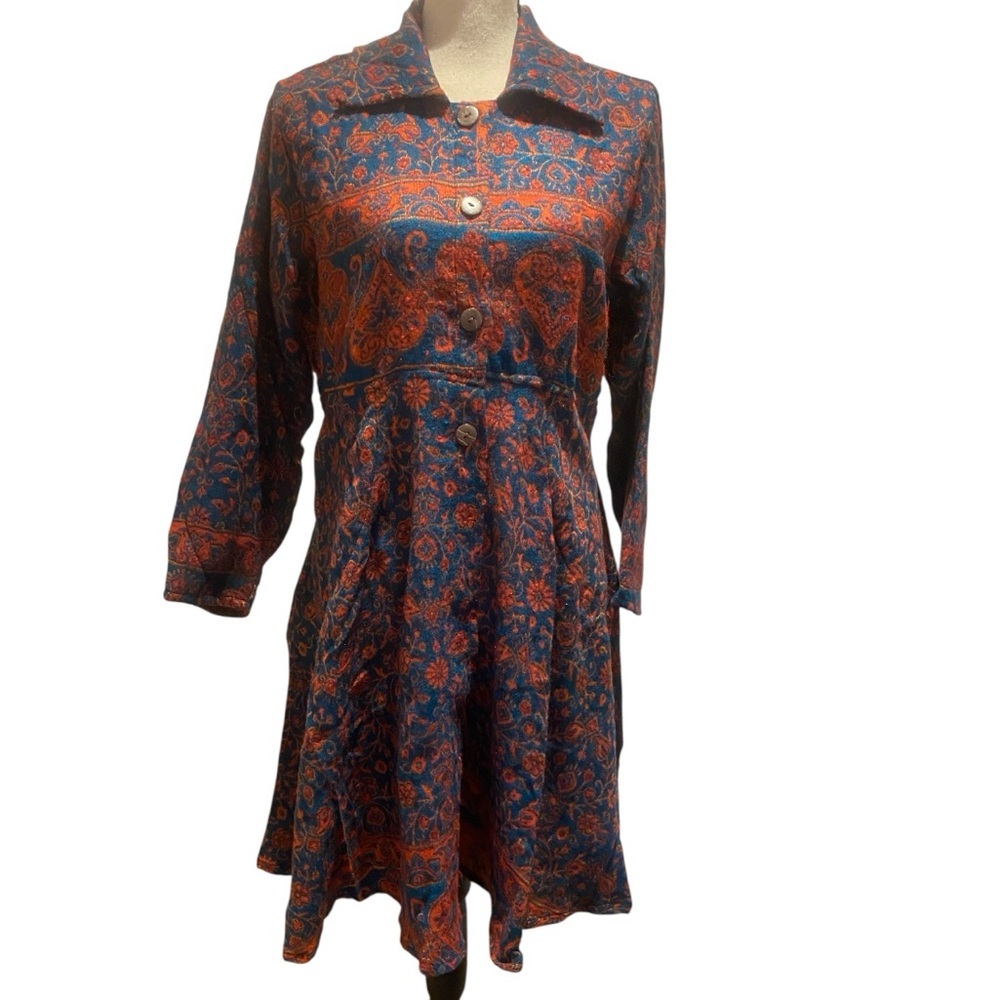 Rhea Henna India Dress Coat Collar Print One Size New Red Blue